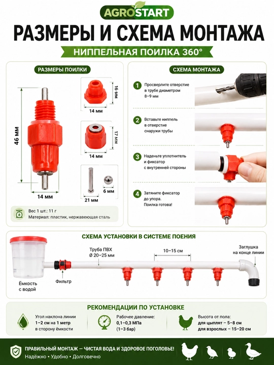 Tovuq, bedana, jo‘ja, o‘rdak va uy parrandalari uchun 360° avtomatik nipelli sug‘orgich