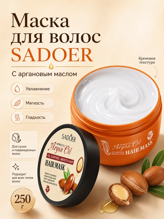 Маска для волос SADOER Argan Oil с аргановым маслом, увлажняющая, 250 г - 