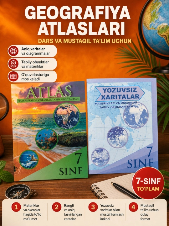 Geografik Atlas va kontur xaritasi bilan 4, 5, 6, 7, 8, 9, 10 sinflar - 