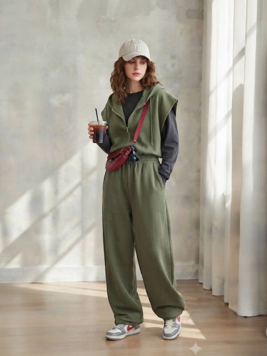 Женский спортивный костюм-тройка Oversize, трикотаж, жилет с капюшоном, 46–50 - 