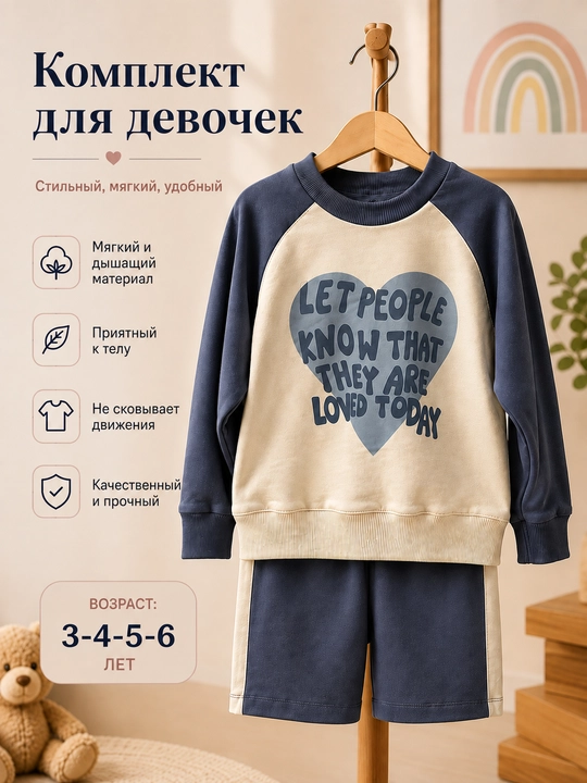 Комплект для девочек, свитшот и брюки, хлопковый спортивный костюм, 3–4–5–6 лет