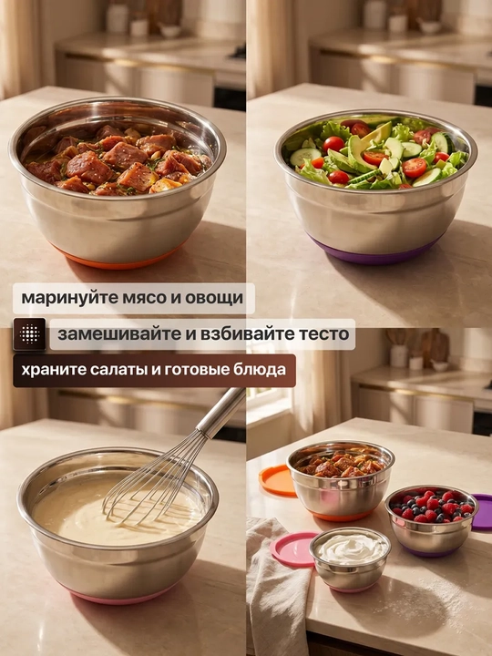 Набор мискок для кухни, с крышками из нержавеющей стали и нескользящим силиконовым дном