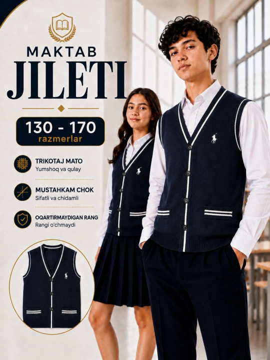 Maktab nimchasi, tugmali bolalar jileti, maktab formasi, uniseks, 7–14 yosh - 