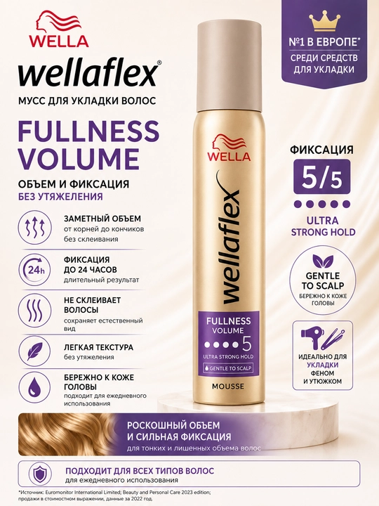 Wellaflex Мусс для волос Fullness volume 5/5 фиксации 200мл - 