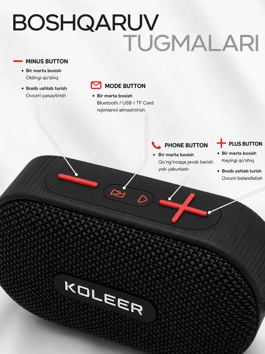 Simsiz mini kalonka, KOLEER H32, portativ bluetooth kolonka, suvga chidamli karnay