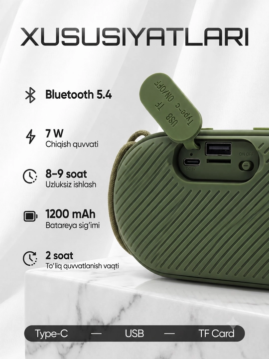 Simsiz mini kalonka, KOLEER H32, portativ bluetooth kolonka, suvga chidamli karnay