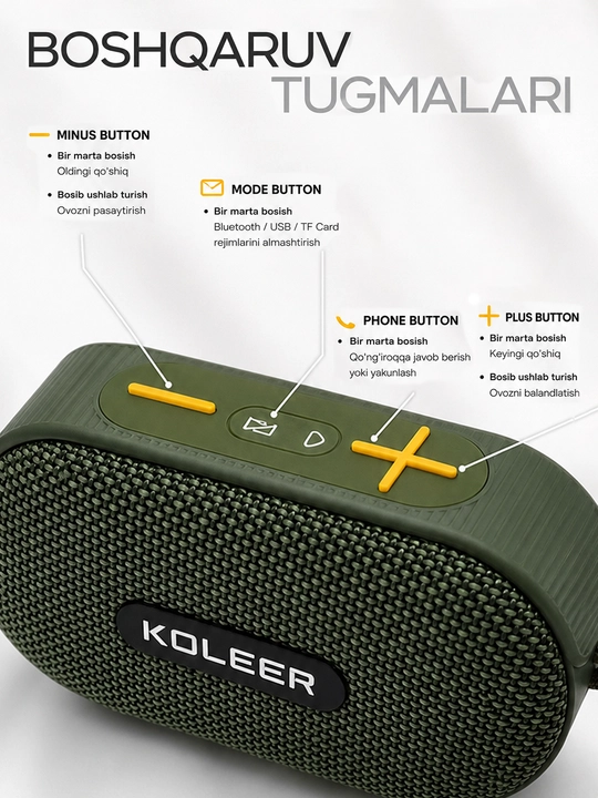 Simsiz mini kalonka, KOLEER H32, portativ bluetooth kolonka, suvga chidamli karnay