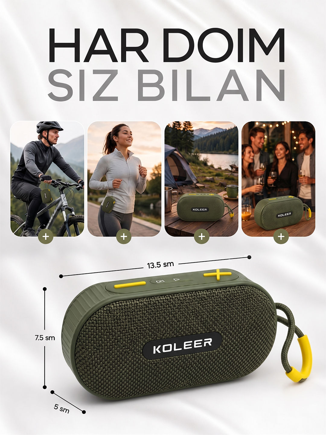 Simsiz mini kalonka, KOLEER H32, portativ bluetooth kolonka, suvga chidamli karnay