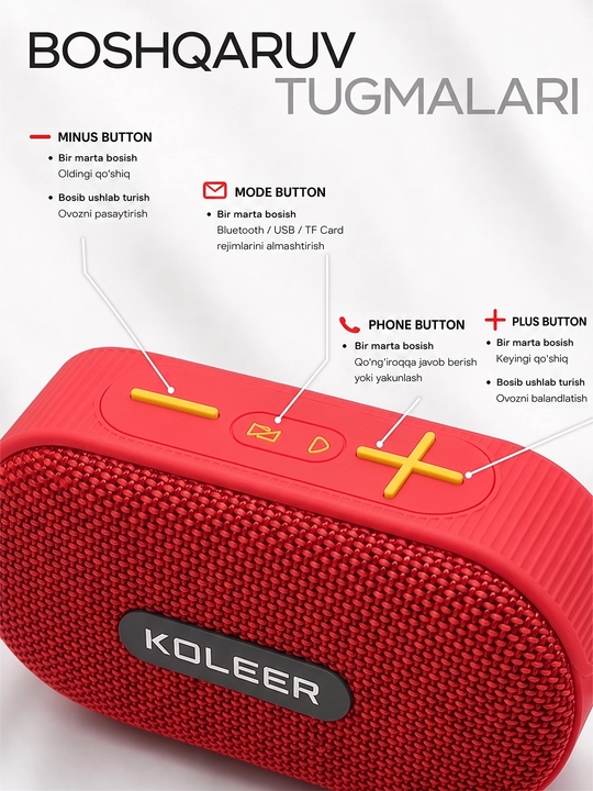 Simsiz mini kalonka, KOLEER H32, portativ bluetooth kolonka, suvga chidamli karnay