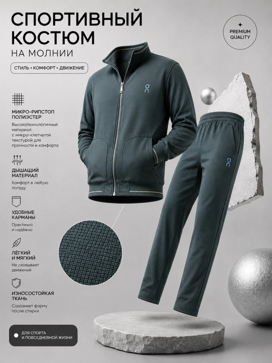 Мужская спортивная двойка: кофта на молнии и брюки - 