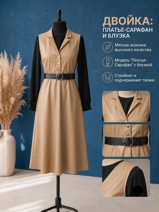 Ayollar uchun dvoyka to'plami eko charm ko'ylak + qora sviter