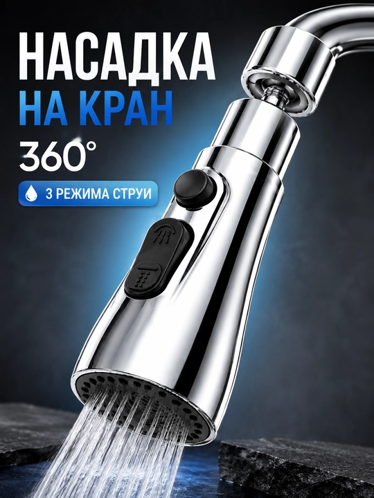 Насадка на кран 360° с 3 режимами подачи воды, водосберегающий аэратор для кухни - 