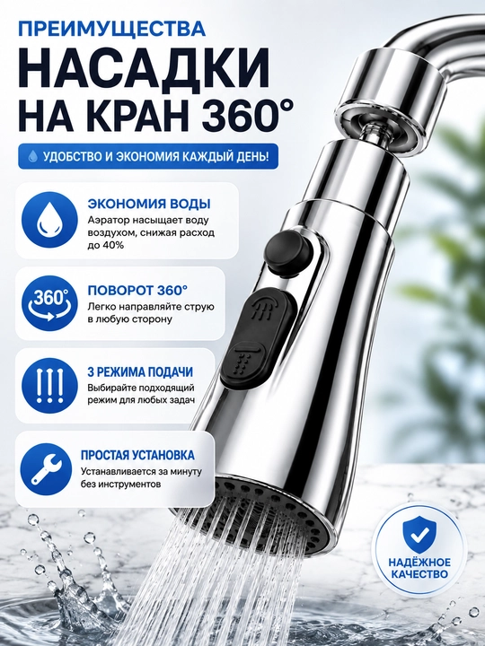 Насадка на кран 360° с 3 режимами подачи воды, водосберегающий аэратор для кухни