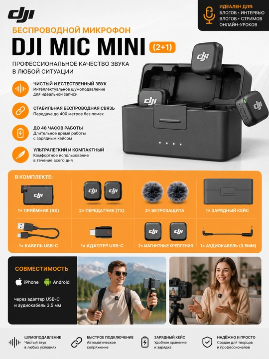 Беспроводной петличный микрофон DJI Mic Mini (2+1) 2TX+1RX+charging box, DJI Mic Mini 1+1 - 