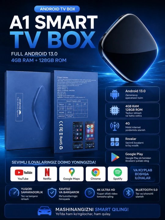 A1 Smart TV Box Android 13.0, 4GB RAM, 128GB ROM, avtomobil uchun multimedia TV Box - 