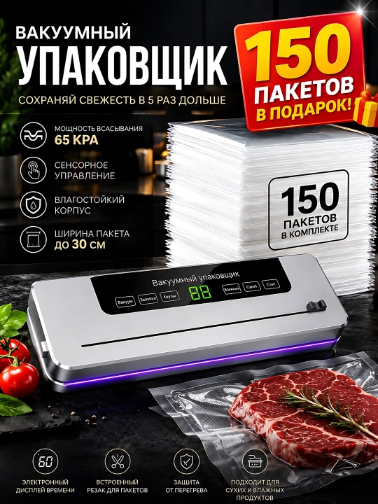 To‘plamda 150 ta paket oshxona mahsulotlari uchun vakuumli qadoqlagich - 