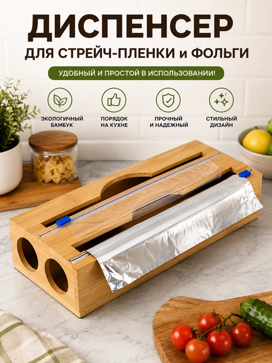 Диспенсер для стрейч-плёнки и фольги из бамбука, настенный и настольный, с ножом для резки - 
