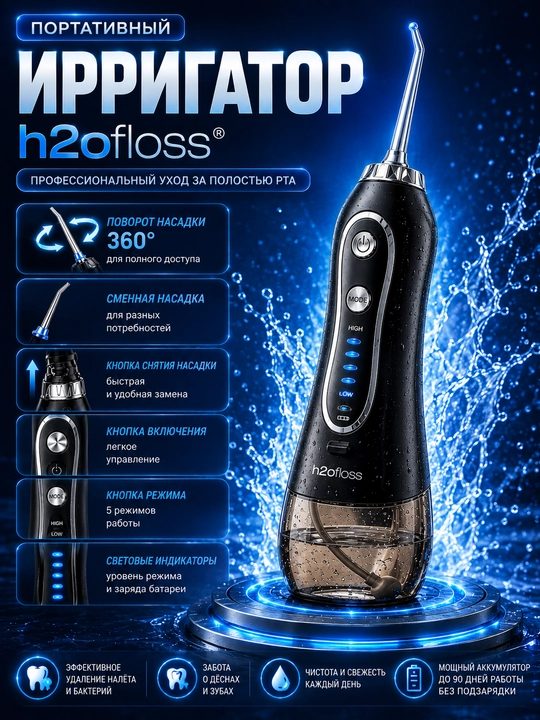 H2OFloss Portativ og‘iz irrigatori – professional tish va milk parvarishi, 8 ta nasadka