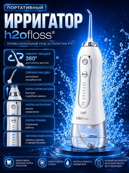 H2OFloss Portativ og‘iz irrigatori – professional tish va milk parvarishi, 8 ta nasadka