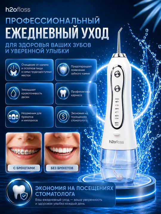 H2OFloss Portativ og‘iz irrigatori – professional tish va milk parvarishi, 8 ta nasadka