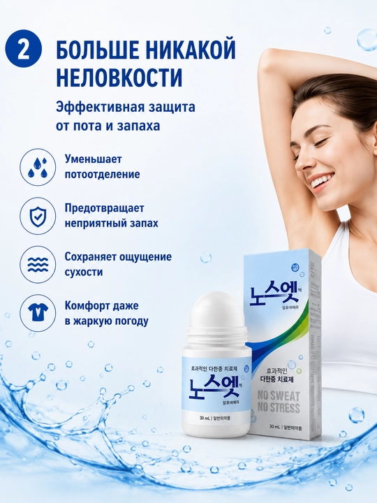 Koreya dezodorant-antiperspiranti No Sweat No Stress, kuchli terlashga qarshi, 30 ml