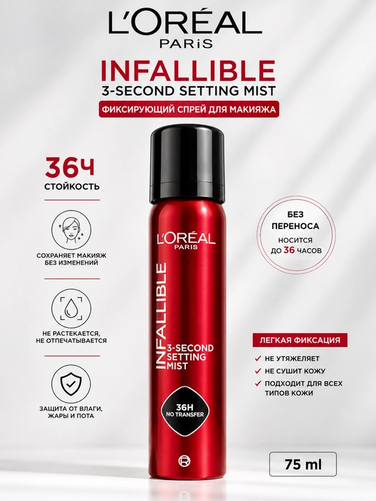 Makiyajni mustahkamlash uchun sprey L'Oreal Paris Infaillible, 75 ml - 
