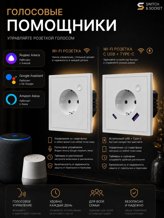 Умная розетка с Wi-Fi управлением через ЯндексАлиса, Tuya, Smart Life, розетки с USB+TypeC