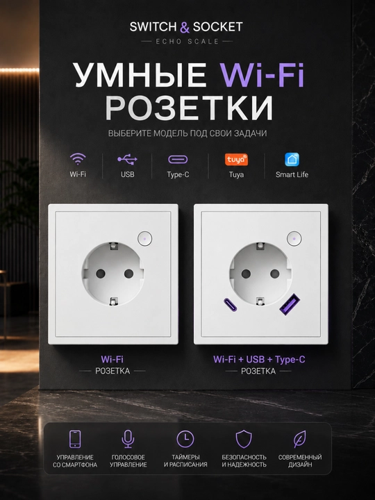 Wi-Fi orqali boshqariladigan aqlli rozetka, Yandex Alisa, Tuya va Smart Life ilovalari bilan mos, USB va Type-C portli rozetka. - 