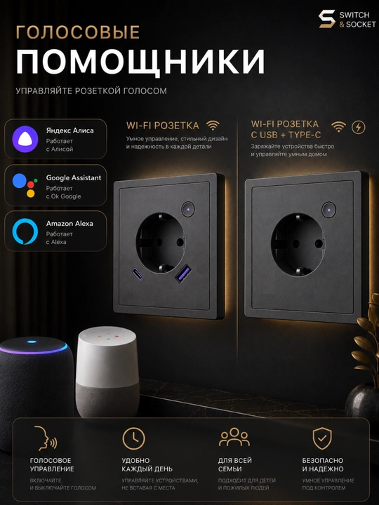 Умная розетка с Wi-Fi управлением через ЯндексАлиса, Tuya, Smart Life, розетки с USB+TypeC