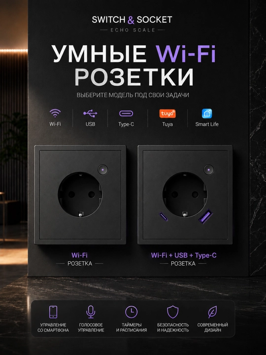 Wi-Fi orqali boshqariladigan aqlli rozetka, Yandex Alisa, Tuya va Smart Life ilovalari bilan mos, USB va Type-C portli rozetka. - 