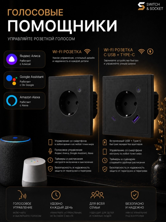 Умная розетка с Wi-Fi управлением через ЯндексАлиса, Tuya, Smart Life, розетки с USB+TypeC