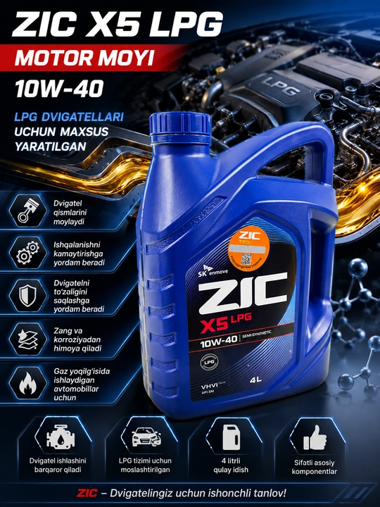 ZIC X5 LPG 10W-40 va ZIC X7 5W-30 motor moylari, 4 litr, sintetik va yarim sintetik, 2 tur