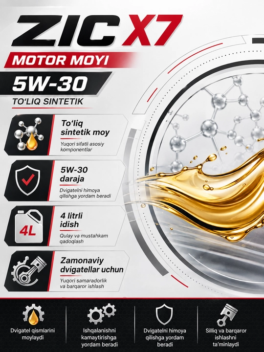 ZIC X5 LPG 10W-40 va ZIC X7 5W-30 motor moylari, 4 litr, sintetik va yarim sintetik, 2 tur