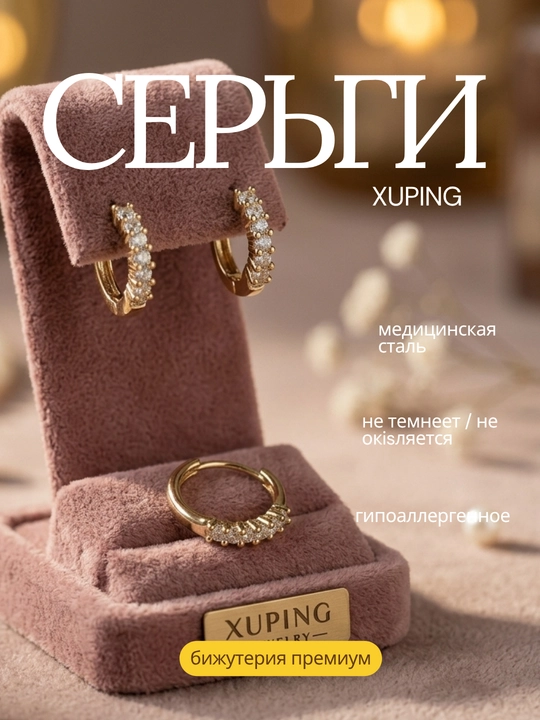 Серьги пара. Xuping, медицинская сталь, покрытие под золото, гипоаллергенные