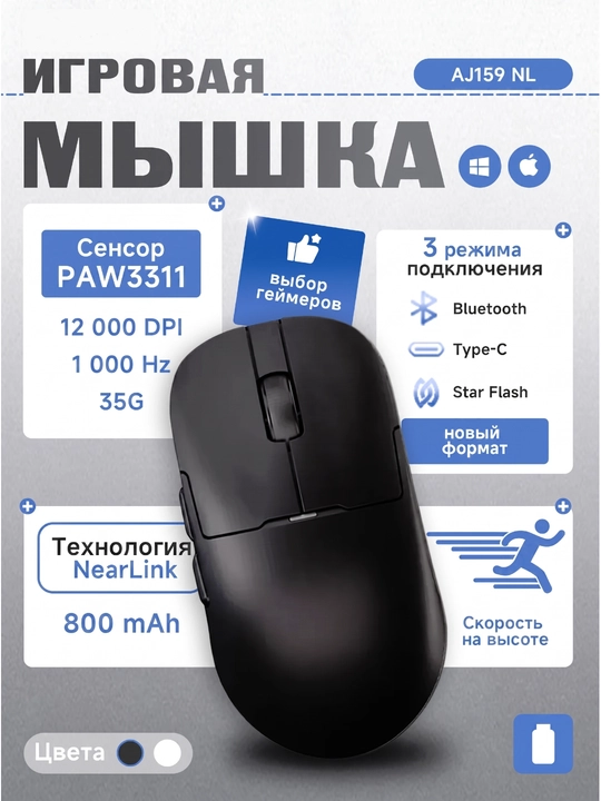 Игровая мышь AJAZZ AJ159NL, беспроводная NearLink, Bluetooth, проводная, 12000 DPI, 800мАч - 