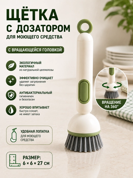 Щетка для мытья посуды с дозатором для моющего средства и вращающейся головкой 360° - 