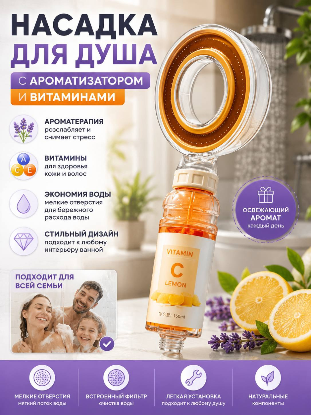 Aromatizator va vitaminli filtrli dush nasadkasi - 