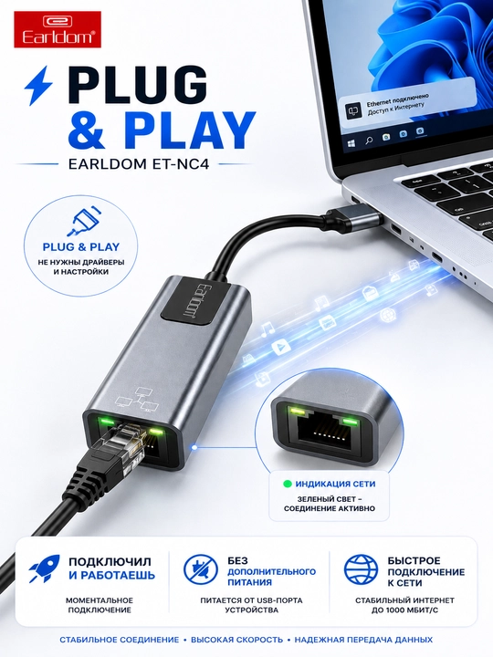 Сетевой адаптер Earldom ET-NC4 USB Type-C + USB-A на RJ45 Gigabit Ethernet 1000 Мбит/с