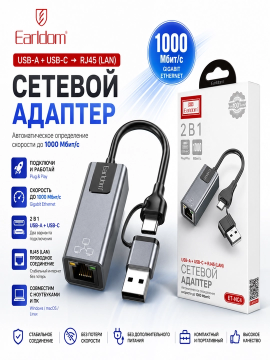 Сетевой адаптер Earldom ET-NC4 USB Type-C + USB-A на RJ45 Gigabit Ethernet 1000 Мбит/с