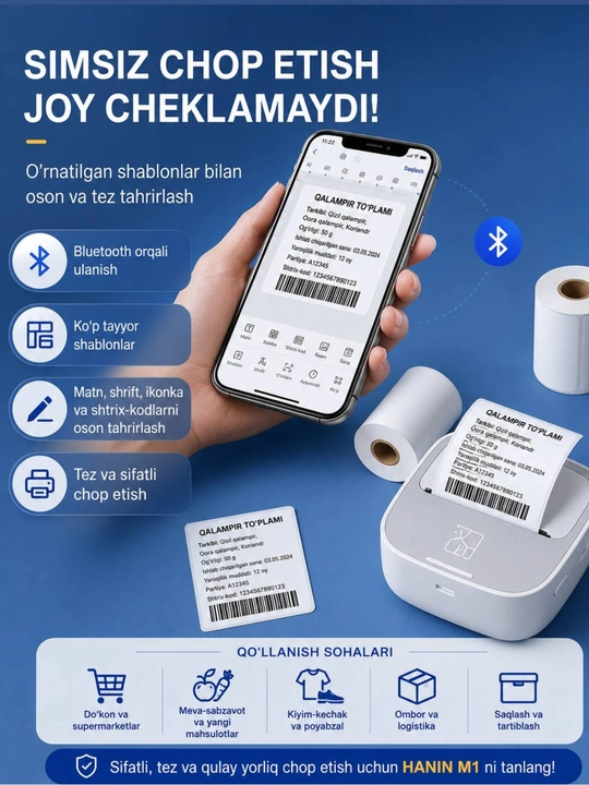 Yorliqlar, QR kod, shtrix kodlar uchun portativ  M1 mini printer | bluetooth