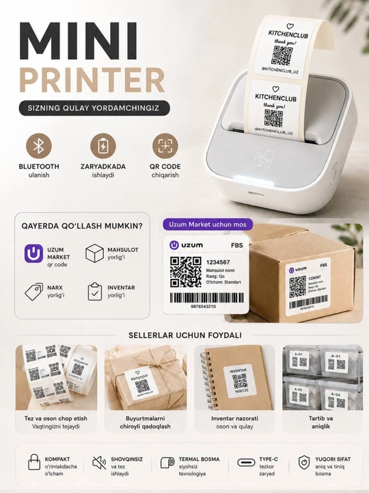 Yorliqlar, QR kod, shtrix kodlar uchun portativ  M1 mini printer | bluetooth