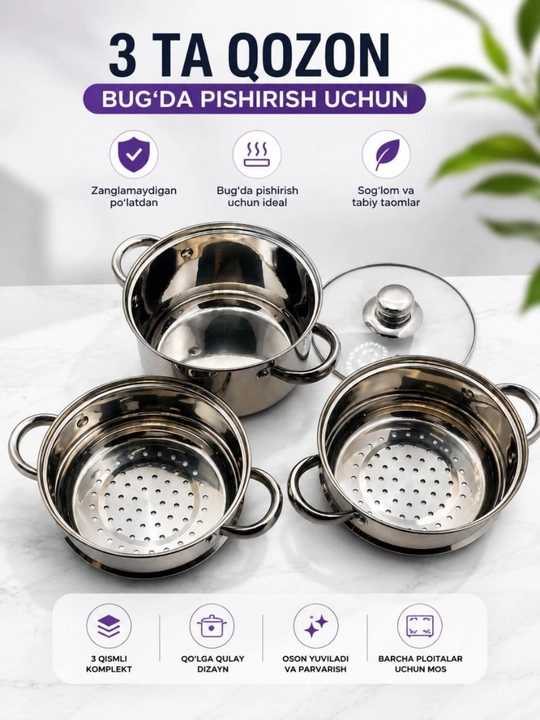 Mini manti qasqon, zanglamaydigan po'latdan yasalgan