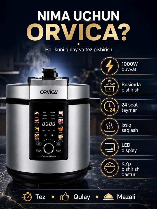 Мультиварка ORVICA ORM-6209, 1000 Вт, рисоварка, пароварка, rice cooker