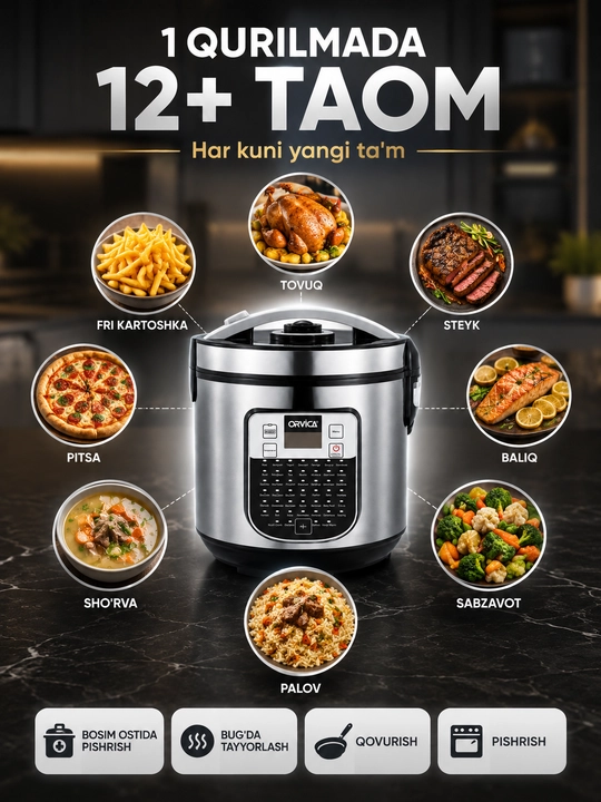 Мультиварка ORVICA ORM-6209, 1000 Вт, рисоварка, пароварка, rice cooker