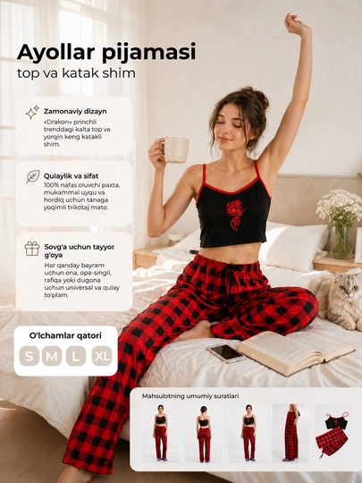Ayollar pijamasi, katakli, rezinkali top va shim, uy kiyimi - 