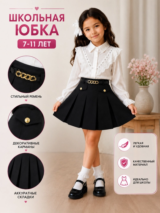 Школьная юбка для девочек, черная, плиссированная, с ремнем, 7–11 лет