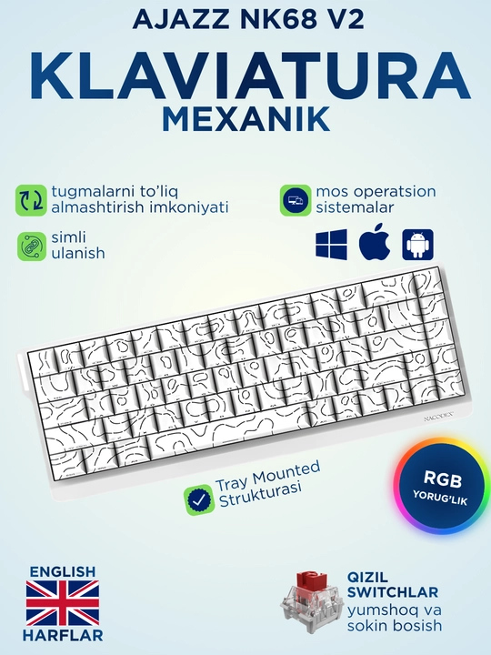 Geymerlar uchun RGB yoritilgan AJAZZ o‘yin klaviaturasi mexanik / membranali