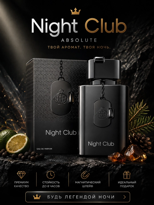 NIGHT CLUB, parfyumlangan suvi, jozibali va unutilmas erkaklar ifori, 100 ml BAA