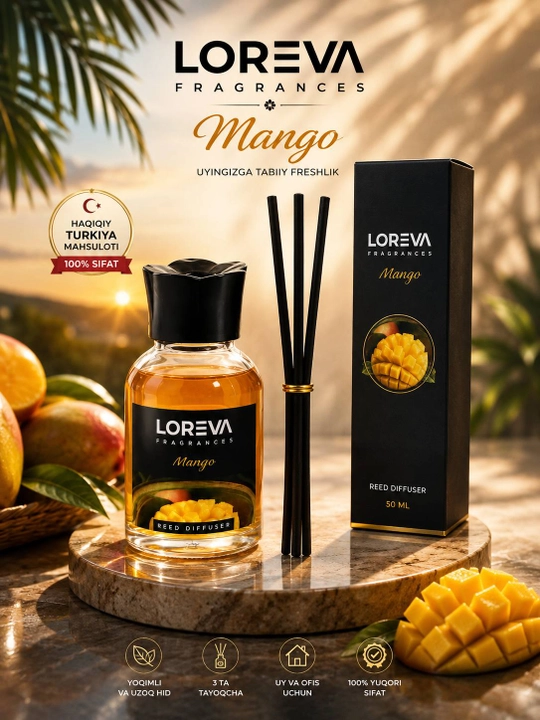 LOREVA Mango 55 ml aromadiffuzor, aslujitel, uy va ofis uchun xushbo‘y aromatizator