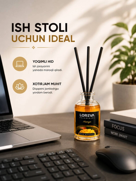 LOREVA Mango 55 ml aromadiffuzor, aslujitel, uy va ofis uchun xushbo‘y aromatizator